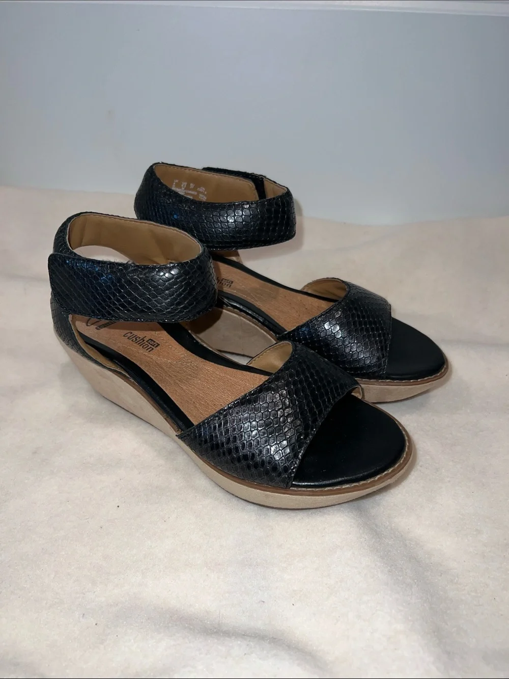 Clarks Women’s Black Snakeskin-Texture Ankle Strap Wedges Size 6.5 NWOB